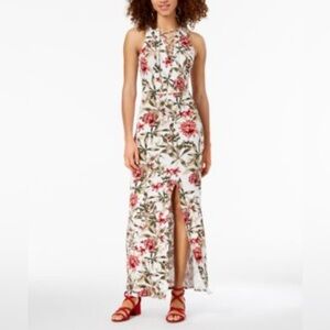 Material Girl Floral Lace-Up Maxi Dress - Red and Green on Cream Y2K Summer Chic